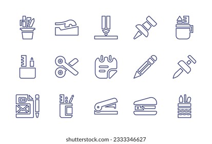 Colección de iconos de línea de creación de sesión. Trazo editable. Ilustración vectorial. Conteniendo papel, cinta adhesiva, lápiz, pasador, tijeras, nota adhesiva, pasador, grapadora, portalápiz.