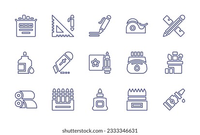 Stationery line icon collection. Editable stroke. Vector illustration. Containing chalk, stationery, pen, scotch tape, liquid glue, cutter, drawing, ink, pencil case, printing, crayons, color pencils.