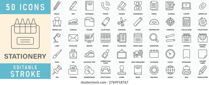 Stationery line icon collection. Editable stroke. Vector illustration.
