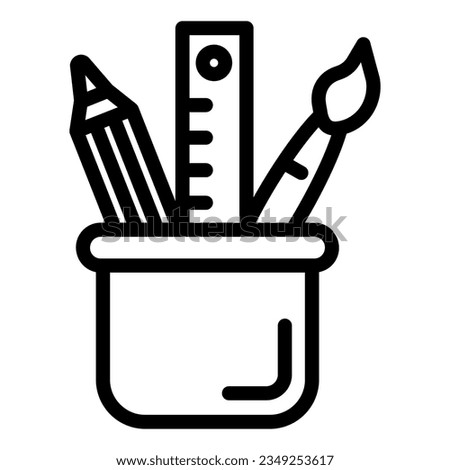 Stationery line icon. Drawing tools in cup vector illustration isolated on white. Pencil, brush and ruler outline style designed for and app.
