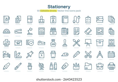 Stationery line icon pack. Stationery Stroke icon set. Editable Stroke icon