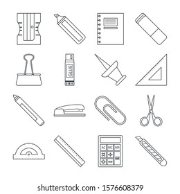 Stationery line icon set. Vector isolated collection. Office and school equipment set. Marker and eraser.