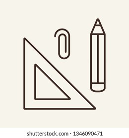 Stationery line icon. Triangle ruler, clip, pencil. Office concept. Vector illustration can be used for topics like school supplies, paperwork, drawing