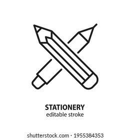 Stationery line icon. Vector sign of graphic design and creativity. Pen and pencil symbol. Education pictogram. School tools. Editable stroke.