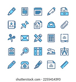 Stationery line icons. Set of stationery icons. Blue color. Vector line icons set