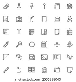 Stationery line icons set. linear style symbols collection, outline signs pack. Office supplies vector graphics. Set includes icons as sticky note papers, push pin, office binder, file folder, ruler