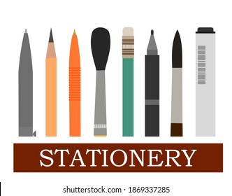 Stationery. Logo. Background for advertising a store, company. illustration. Isolated on a white background. Pencils, pens, felt-tip pens, brushes.Vector