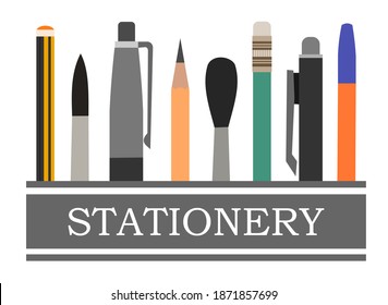 Stationery. Logo. Background for advertising a store, company. illustration. Isolated on a white background. Pencils, pens, felt-tip pens, brushes.Vector