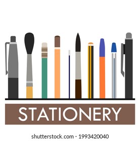 Stationery. Logo. Background for advertising a store, company. illustration. Isolated on a white background. Pencils, pens, felt-tip pens, brushes.Vector