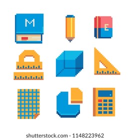 Stationery. Math pixel art icons set, school  equipment. Measuring ruler, pencil, eraser, calculator, book isolated on white background vector illustration. 8-bit sprite. Design stickers, logo, app.