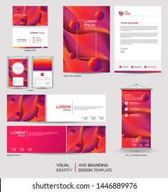 Stationery mock up set and visual brand identity with abstract colorful dynamic background shape. Vector illustration mock up for branding, cover, card, product, event, banner, website. 
