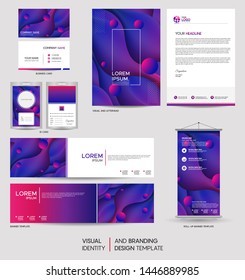 Stationery mock up set and visual brand identity with abstract colorful dynamic background shape. Vector illustration mock up for branding, cover, card, product, event, banner, website. 