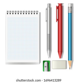 Stationery mockup set 3d objects isolated on white background vector clip art illustration, collection school supplies items on table, copy space place