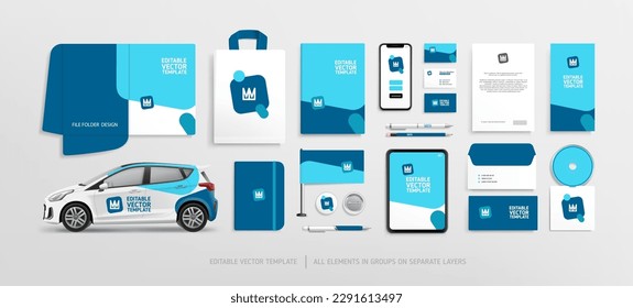 Stationery Mock-Up set with Brand Identity concept of Blue abstract geometric design. Branding stationery mockup template of File folder, flyer, banner, promotional van car, brochure. Editable vector