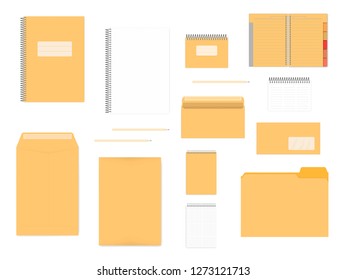 Stationery mockup set for corporate identity design. Spiral notebooks, envelopes, folder isolated on white background, mock-up