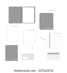 Stationery mockup set for corporate identity design. Spiral and disc bound notebooks, filler paper, envelopes isolated on white background, mock-up
