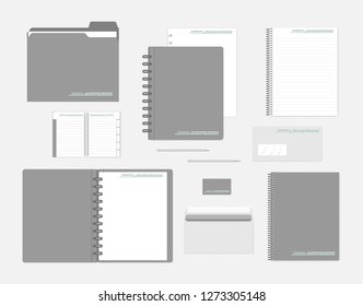 Stationery mockup set for corporate identity design. Notebooks, filler paper, folder, envelope, business card. Mock-up