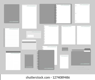 Stationery mockup set for corporate identity design. Notebooks, paper, folder, envelope, business card. Mock-up