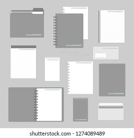 Stationery mockup set for corporate identity design. Notebooks, paper, folder, envelope. Mock-up