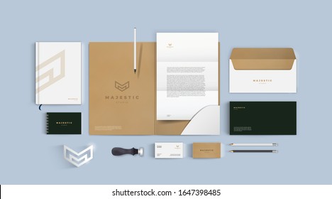 Stationery mockup vector set. Corporate identity premium branding design. Template for business and respectable company. Folder and A4 letter, visiting card and envelope based on minimal brown logo.