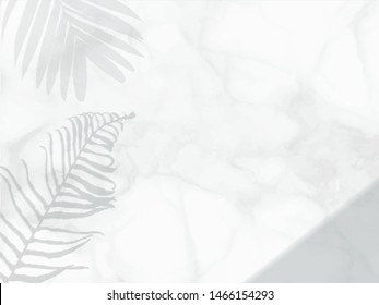 Stationery mockups with shadow overlays from leaf and palm branches on White marble background texture, Photo-realistic vector illustration 