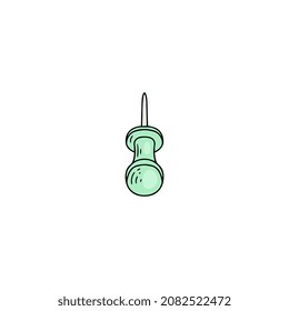 Stationery needle pin for clip attach of paper notes at office board. Thumbtack tool stationery, push marker for memo items or map. Vector sketch illustration isolated on white.