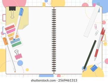 Stationery and Notebook Set, Pop Background, Open Spread