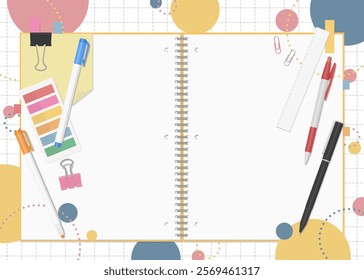 Stationery and Notebook Set, Pop Background, Open Spread