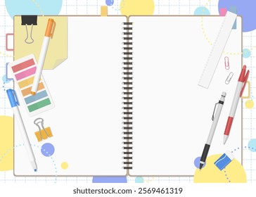 Stationery and Notebook Set, Pop Background, Open Spread