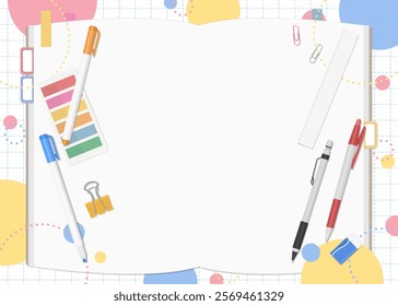 Stationery and Notebook Set, Pop Background, Open Spread