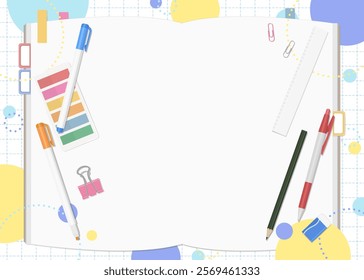 Stationery and Notebook Set, Pop Background, Open Spread