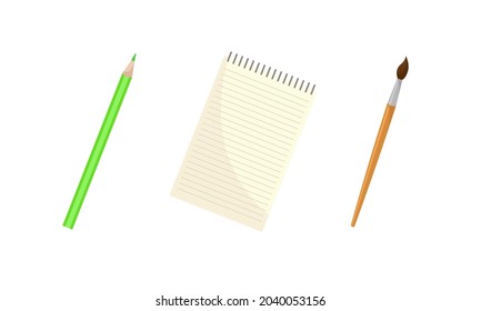 Stationery objects, school supplies set. Pencil, brush, notepad vector illustration