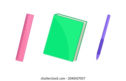 Schreibwaren, Schulbedarf. Lineal, Buch, Stift, Vektorgrafik