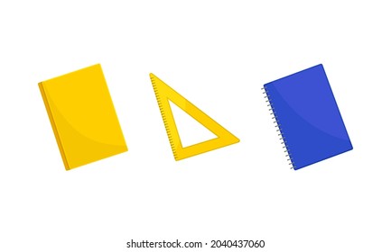 Stationery objects, school supplies set. Notepad, notebook, triangle ruler vector illustration