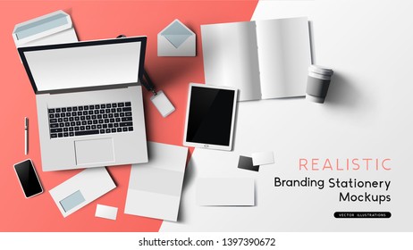 Stationery and office branding objects mockup template with a notebook, paper objects and smartphone. Vector illustration.