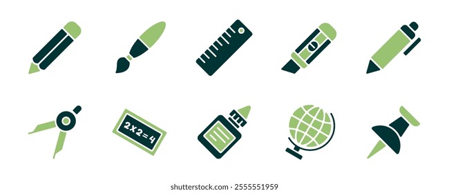 stationery office icon set education school supply vector illustration. writing, ruler, pen, crayons, globe, pin, glue, paintbrush symbol design