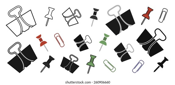 Stationery office paper pins and clips set. Contour, color, silhouette. Vector clip art illustrations isolated on white