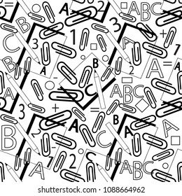 Stationery office school seamless pattern. Vector black and white abstract geometric background. Abc letters, 1,2,3 numbers, clips, notebooks, pencils, circles, rhombus, shapes. Isolated texture. 