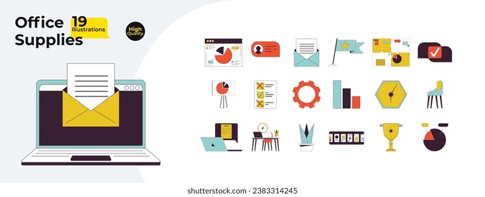 Stationery office supplies 2D linear cartoon objects bundle. Corporate charts presentation isolated line vector elements white background. Email, furniture color flat spot illustration collection