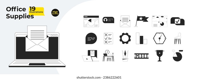 Stationery office supplies black and white 2D line cartoon objects bundle. Corporate presentation isolated vector outline items collection. Workplace monochromatic flat spot illustration collection