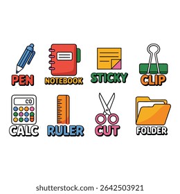 Stationery and office supplies icons isolated on white background