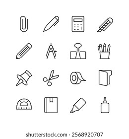 Stationery and Office Supplies, linear style icon set. Tools for work and study. Pen, pencils, scissor, tape, and other office items. Editable stroke width.