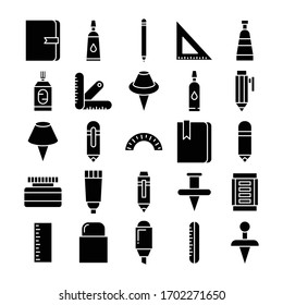 stationery and office supply icons set glyph design