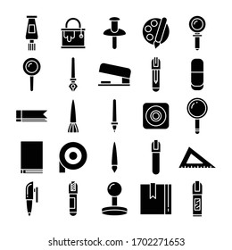 stationery and office supply icons set glyph design