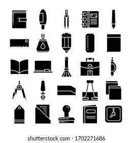 stationery and office supply icons set glyph design