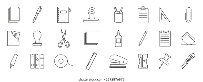 Stationery office supply icons set. Line icons of outline about stationery on transparent background. 