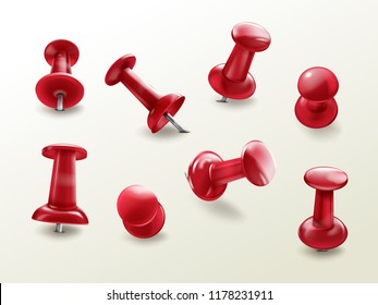 Stationery office thumbtack, vector realistic set of red glossy push pins for fixing on board reminders, notes, top and side view with different tilt angle, isolated on white background