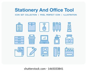 Stationery And Office Tool Icons Set. UI Pixel Perfect Well-crafted Vector Thin Line Icons. The illustrations are a vector.