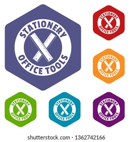 Stationery office tool icons vector colorful hexahedron set collection isolated on white 