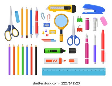 Stationery for office work - flat design style objects set. High quality images of scissors, colored pencils, pens, paper clips, penknife, magnifying glass, marker, eraser, ruler, paper holder